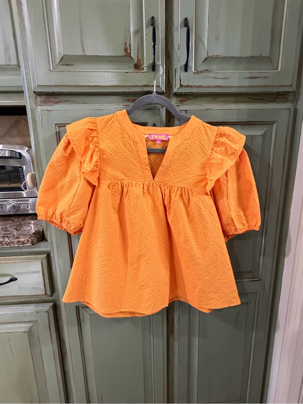 THML Bright Orange Textured Ruffle Sleeve Peplum Top
